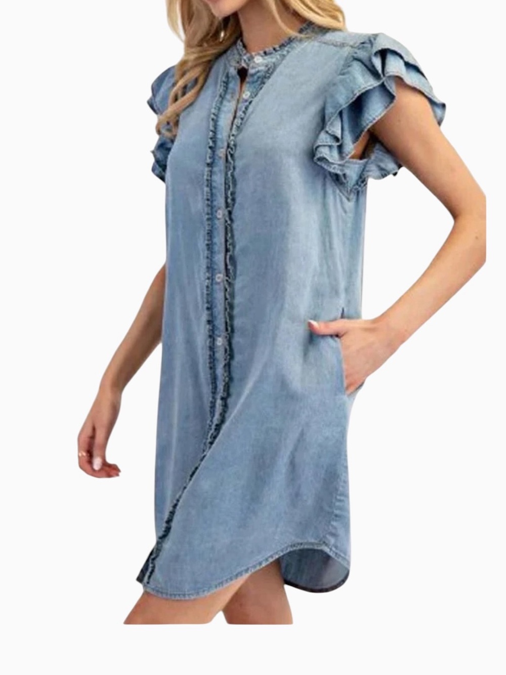 EEsome Blue Chambray Denim Mini Dress Button-up Ruffled Sleeves Western Coastal - Picture 2 of 9